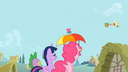 Size: 1365x768 | Tagged: safe, screencap, fluttershy, pinkie pie, twilight sparkle, frog, pony, feeling pinkie keen, g4, cart, flying, hat, umbrella hat