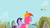 Size: 1365x768 | Tagged: safe, screencap, fluttershy, pinkie pie, twilight sparkle, frog, pony, feeling pinkie keen, g4, my little pony: friendship is magic, cart, flying, hat, umbrella hat