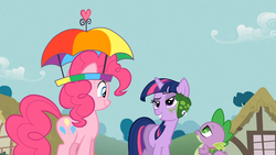 Size: 1365x768 | Tagged: safe, screencap, pinkie pie, spike, twilight sparkle, dragon, frog, feeling pinkie keen, g4, hat, lidded eyes, umbrella hat