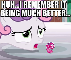 Size: 638x540 | Tagged: safe, edit, edited screencap, screencap, sweetie belle, pony, unicorn, forever filly, g4, female, image macro, meme, my little pony logo, op is a duck, op is trying to start shit, solo