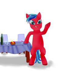 Size: 1676x1769 | Tagged: safe, artist:reaventale, oc, oc only, pony, alcohol, apple, basket, bipedal, bipedal leaning, blue eyes, chair, digital art, dinner, food, fruit, glass, hooves, hooves up, leaning, restaurant, short hair, simple background, solo, standing, table, tail, transparent background, tumblr, wine, wine glass