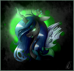 Size: 2400x2300 | Tagged: safe, artist:norica-official, queen chrysalis, changeling, changeling queen, g4, bust, crown, fangs, female, glowing eyes, glowing horn, high res, horn, jewelry, lidded eyes, profile, regalia, solo