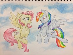 Size: 1024x768 | Tagged: safe, artist:grokostimpy, fluttershy, rainbow dash, pegasus, pony, g4, cloud, colored pupils, duo, female, lesbian, looking at each other, mare, notebook, ship:flutterdash, shipping, sky, smiling, traditional art