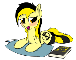 Size: 1024x804 | Tagged: safe, artist:czaroslaw, oc, oc only, oc:leslie fair, pony, /mlpol/, anarcho-capitalism, blushing, book, female, mare, open mouth, pillow, solo, tablet