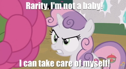 Size: 844x462 | Tagged: safe, edit, edited screencap, screencap, rarity, sweetie belle, pony, forever filly, g4, angry, caption, deja vu, flowerity, image macro, not a baby, not a foal, text