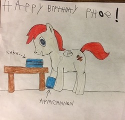 Size: 467x447 | Tagged: safe, artist:tophxomi, oc, oc only, oc:phoe, pegasus, pony, arm cannon, birthday, birthday cake, birthday gift, cake, cannon, food, mega man (series), solo, table, traditional art