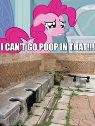 Size: 768x1024 | Tagged: safe, pinkie pie, earth pony, pony, g4, ancient rome, image macro, meme, poop, roman, roman toilet, rome, toilet