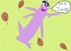 Size: 1100x790 | Tagged: safe, artist:rdibp, derpibooru exclusive, twilight sparkle, alicorn, original species, pony, g4, 1000 hours in ms paint, female, grass, leaves, looking at you, mare, ms paint, open mouth, smiling, solo, twig, twig pony, twilight sparkle (alicorn), wat