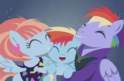 Size: 1108x728 | Tagged: safe, edit, edited screencap, screencap, bow hothoof, rainbow dash, windy whistles, pony, g4, parental glideance, 80's fashion, female, filly, filly rainbow dash, hug, photo, rainbow dash's parents, ship:windyhoof, smiling, younger