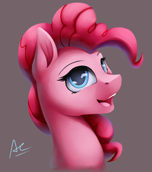 Size: 1024x1161 | Tagged: safe, artist:ac-whiteraven, pinkie pie, earth pony, pony, g4, colored pupils, female, looking at you, mare, open mouth, signature, simple background, smiling, solo