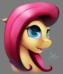 Size: 1967x2320 | Tagged: safe, artist:ac-whiteraven, fluttershy, pony, g4, bust, colored pupils, cute, female, floppy ears, gray background, looking at you, mare, open mouth, shyabetes, simple background, smiling, solo