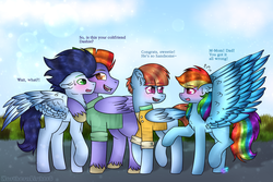 Size: 1024x683 | Tagged: safe, artist:northlights8, bow hothoof, rainbow dash, soarin', windy whistles, pegasus, pony, g4, parental glideance, blushing, clothes, embarrassed, father and child, father and daughter, female, male, mare, mother and child, mother and daughter, parent and child, rainbow dash's parents, ship:soarindash, ship:windyhoof, shipping, spread wings, stallion, straight, unshorn fetlocks, wings