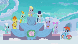 Size: 701x394 | Tagged: safe, screencap, cloudchaser, derpy hooves, fleetfoot, flitter, lightning dust, rainbow dash, soarin', spitfire, pegasus, pony, g4, parental glideance, animated, colt soarin', female, filly, filly cloudchaser, filly derpy, filly derpy hooves, filly fleetfoot, filly flitter, filly lightning dust, filly rainbow dash, filly spitfire, gif, loop, male, medal, podium, treehouse logo, underp, younger