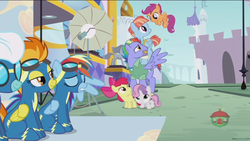 Size: 1600x900 | Tagged: safe, screencap, apple bloom, bow hothoof, fleetfoot, rainbow dash, scootaloo, spitfire, sweetie belle, windy whistles, earth pony, pegasus, pony, unicorn, g4, parental glideance, clothes, cutie mark crusaders, female, filly, foal, male, mare, photo shoot, rainbow dash's parents, ship:windyhoof, stallion, tower of pony, uniform, wonderbolts, wonderbolts uniform