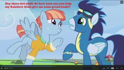 Size: 1600x900 | Tagged: safe, edit, edited screencap, screencap, soarin', windy whistles, pegasus, pony, g4, parental glideance, clothes, female, implied shipping, implied soarindash, implied straight, male, mare, raised hoof, shipper on deck, stallion, subtle as a train wreck, that pony sure does want grandfoals, uniform, windy the shipper, wonderbolts uniform