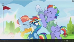 Size: 1600x900 | Tagged: safe, screencap, bow hothoof, rainbow dash, windy whistles, pegasus, pony, g4, parental glideance, father and child, father and daughter, female, husband and wife, male, mare, mother and child, mother and daughter, noogie, rainbow dash's parents, ship:windyhoof, squishy cheeks, stallion, trio