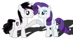 Size: 2499x1430 | Tagged: safe, artist:meandmyideas, rarity, oc, oc:barrfind, pony, unicorn, g4, bedroom eyes, canon x oc, female, holding hooves, male, mare, rarifind, shipping, simple background, stallion, straight, transparent background, vector
