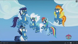 Size: 1600x900 | Tagged: safe, screencap, fleetfoot, high winds, rainbow dash, soarin', spitfire, pony, g4, parental glideance, treehouse logo