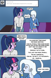 Size: 850x1300 | Tagged: safe, artist:deltalima, sci-twi, trixie, twilight sparkle, equestria girls, g4, alternate hairstyle, clothes, dialogue, euphemism, female, glasses, imminent sex, language, lesbian, ship:sci-twixie, ship:twixie, shipping, talking in third person, tempting offer