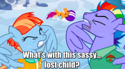 Size: 849x473 | Tagged: safe, edit, screencap, bow hothoof, scootaloo, windy whistles, pegasus, pony, g4, parental glideance, cute, cutealoo, ear plugs, eyes closed, female, filly, helmet, image macro, male, mare, meme, one punch man, open mouth, rainbow dash's parents, ship:windyhoof, stallion, text, wing hands