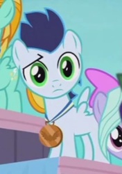 Size: 338x481 | Tagged: safe, screencap, flitter, lightning dust, soarin', pony, g4, parental glideance, colt, cropped, cute, male, medal, podium