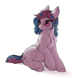 Size: 1366x1484 | Tagged: safe, artist:rrusha, oc, oc only, earth pony, pony, blushing, cloven hooves, female, mare, sitting, solo