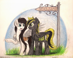 Size: 1354x1072 | Tagged: safe, artist:thefriendlyelephant, oc, oc only, oc:coconut cake, oc:rayva, pegasus, pony, commission, grass, road sign, saddle bag, sign, traditional art, wings