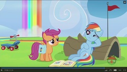 Size: 1600x900 | Tagged: safe, screencap, rainbow dash, scootaloo, pegasus, pony, g4, parental glideance, duo, log, rainbow, rainbow waterfall, saddle bag, scooter, scrapbook