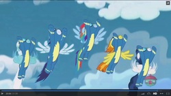 Size: 1600x900 | Tagged: safe, screencap, fleetfoot, high winds, rainbow dash, soarin', spitfire, pony, g4, parental glideance, clothes, flying, uniform, wonderbolts uniform