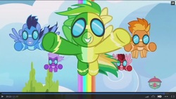 Size: 1600x900 | Tagged: safe, screencap, fleetfoot, high winds, rainbow dash, soarin', spitfire, pony, g4, parental glideance, dailymotion, liquid rainbow, rainbow, treehouse logo