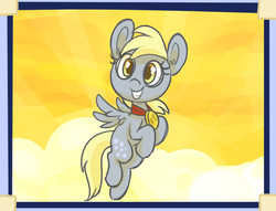 Size: 825x629 | Tagged: safe, artist:ponygoggles, derpy hooves, pegasus, pony, g4, parental glideance, cloud, cloudy, female, filly, flying, mare, medal, sky, smiling, solo, underp, younger