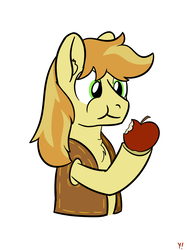 Size: 1280x1707 | Tagged: safe, artist:yakoshi, braeburn, earth pony, pony, g4, apple, braebetes, chest fluff, cute, ear fluff, eating, food, hatless, hoof hold, male, missing accessory, simple background, solo, white background