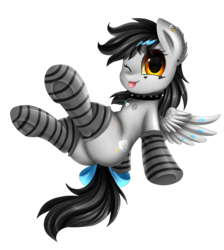 Size: 2550x2850 | Tagged: safe, artist:pridark, oc, oc only, oc:lightning dee, pegasus, pony, bow, bracelet, butt, choker, clothes, commission, dyed mane, ear fluff, ear piercing, earring, female, flying, frog (hoof), high res, jewelry, makeup, mare, minecraft, necklace, one eye closed, piercing, plot, simple background, socks, solo, spiked choker, spread wings, striped socks, tail bow, tongue out, transparent background, underhoof, wing fluff, wings, wink, ych result