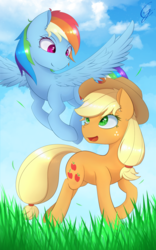 Size: 1200x1920 | Tagged: safe, artist:laptop-pone, applejack, rainbow dash, earth pony, pegasus, pony, g4, cloud, colored pupils, flying, grass, looking down, looking up, raised hoof, running, signature