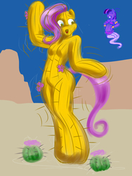 Size: 1125x1500 | Tagged: safe, artist:bastianmage, fluttershy, twilight sparkle, cactus pony, genie, anthro, g4, cactus, fluttertree, open mouth, plant tf, transformation