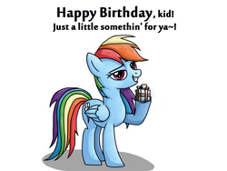 Size: 1024x768 | Tagged: safe, artist:rambopvp, rainbow dash, pegasus, pony, g4, birthday, female, happy birthday, hoof hold, present, smiling, smirk, solo