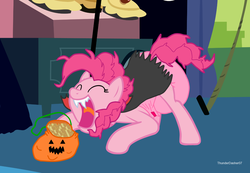 Size: 1300x900 | Tagged: safe, artist:thunderdasher07, pinkie pie, earth pony, pony, g4, candy, clothes, costume, diaper, diaper fetish, fangs, female, fetish, food, halloween, holiday, nightmare night, nightmare night costume, non-baby in diaper, poofy diaper, pumpkin bucket, solo, vampire costume