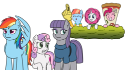 Size: 1280x720 | Tagged: safe, artist:mkogwheel, maud pie, pinkie pie, rainbow dash, rarity, sweetie belle, windy whistles, earth pony, pony, forever filly, g4, parental glideance, rock solid friendship, embarrassed, flowerity, foam finger, pizza head, simple background, white background