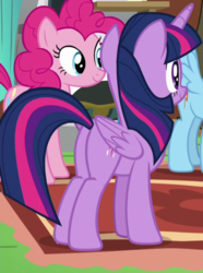 Size: 360x485 | Tagged: safe, screencap, pinkie pie, rainbow dash, twilight sparkle, alicorn, pony, fluttershy leans in, g4, butt, cropped, female, mare, plot, twilight sparkle (alicorn)