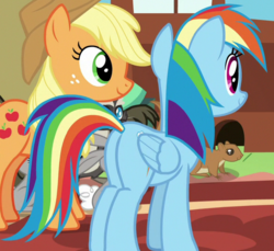 Size: 588x538 | Tagged: safe, screencap, applejack, rainbow dash, pony, squirrel, fluttershy leans in, g4, butt, cropped, female, mare, plot