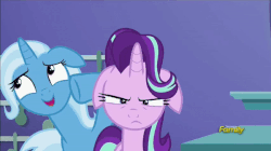 Size: 600x337 | Tagged: safe, screencap, starlight glimmer, trixie, pony, all bottled up, angry, animated, cute, diatrixes, discovery family logo, female, floppy ears, gif, trixie's puppeteering