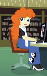 Size: 155x250 | Tagged: safe, screencap, golden hazel, equestria girls, g4, my little pony equestria girls: friendship games, bookshelf, clothes, computer, cropped, female, library, long skirt, scarf, sitting, skirt, solo