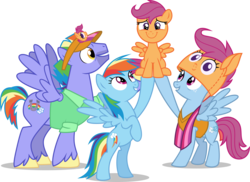 Size: 8500x6187 | Tagged: safe, artist:limedazzle, bow hothoof, rainbow dash, scootaloo, windy whistles, pegasus, pony, g4, parental glideance, absurd resolution, clothes, cute, cutealoo, family, female, filly, male, mare, multicolored hair, rainbow dash's parents, scootalove, ship:windyhoof, show accurate, simple background, stallion, transparent background, vector