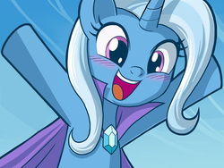 Size: 626x470 | Tagged: safe, artist:uotapo, edit, editor:andyfish, trixie, pony, unicorn, g4, cape, clothes, cropped, cute, diatrixes, female, happy, mare, open mouth, smiling, solo