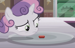 Size: 691x446 | Tagged: safe, edit, edited screencap, screencap, sweetie belle, pony, unicorn, forever filly, g4, female, meme, red pill, solo, sweetie's plate, the matrix