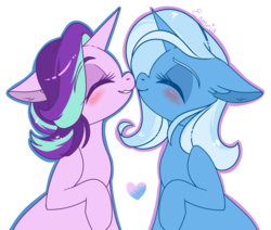 Size: 1081x918 | Tagged: safe, artist:esmeia, starlight glimmer, trixie, pony, unicorn, g4, blushing, boop, duo, ear fluff, eyes closed, female, floppy ears, heart, lesbian, mare, noseboop, nuzzling, ship:startrix, shipping, signature, simple background, smiling, transparent background
