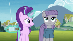 Size: 1920x1080 | Tagged: safe, screencap, maud pie, starlight glimmer, earth pony, pony, g4, rock solid friendship, cloud, kite, levitation, looking up, magic, meadow, mountain, path, ponyville, smiling, telekinesis, tree