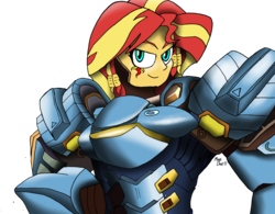 Size: 1024x799 | Tagged: safe, artist:missmayaleanne, sunset shimmer, equestria girls, g4, armor, crossover, female, overwatch, pharah, simple background, solo, transparent background