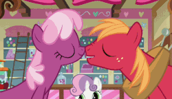 Size: 547x315 | Tagged: safe, screencap, big macintosh, cheerilee, sweetie belle, earth pony, pony, g4, hearts and hooves day (episode), animated, boop, gif, lip bite, love poisoned, male, noseboop, stallion