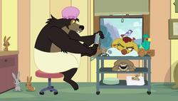 Size: 1920x1090 | Tagged: safe, screencap, clementine, henry, lola the sloth, bear, bird, chipmunk, giraffe, mouse, parrot, pony, rabbit, sloth, fluttershy leans in, g4, annoyed, female, hat, male, one eye closed, pillow, shower cap